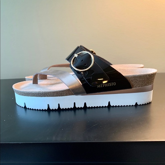 Mephisto Shoes - Mephisto Black/Gold Vik Slide Leather Sandals